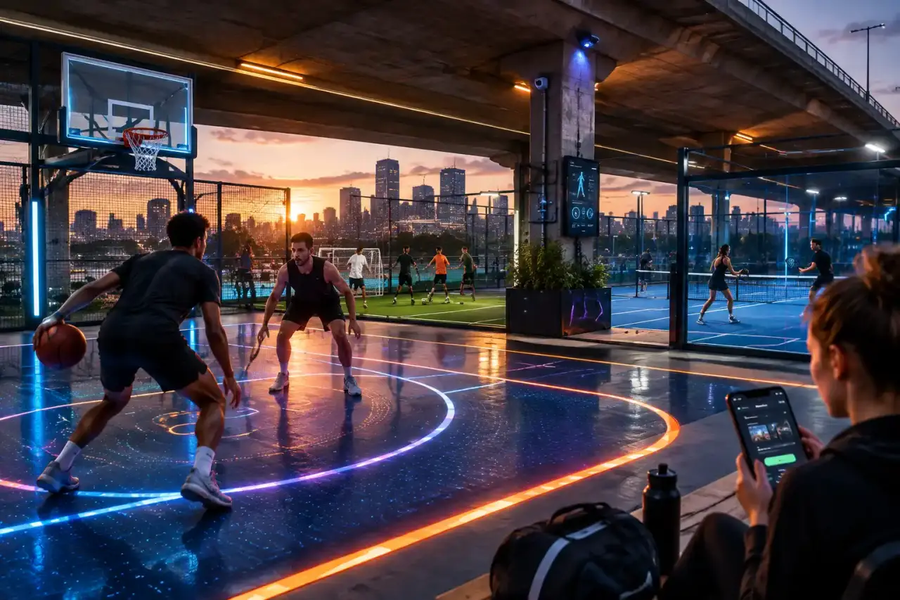 Arène de sport urbain connectée éclairée par des lignes LED vert néon la nuit