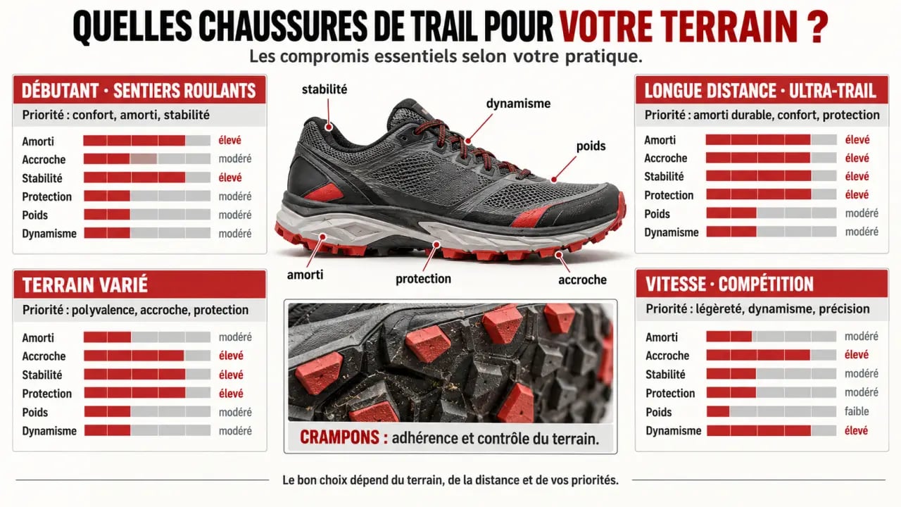 Infographie pour choisir les meilleures chaussures de trail selon le terrain, la distance et le niveau