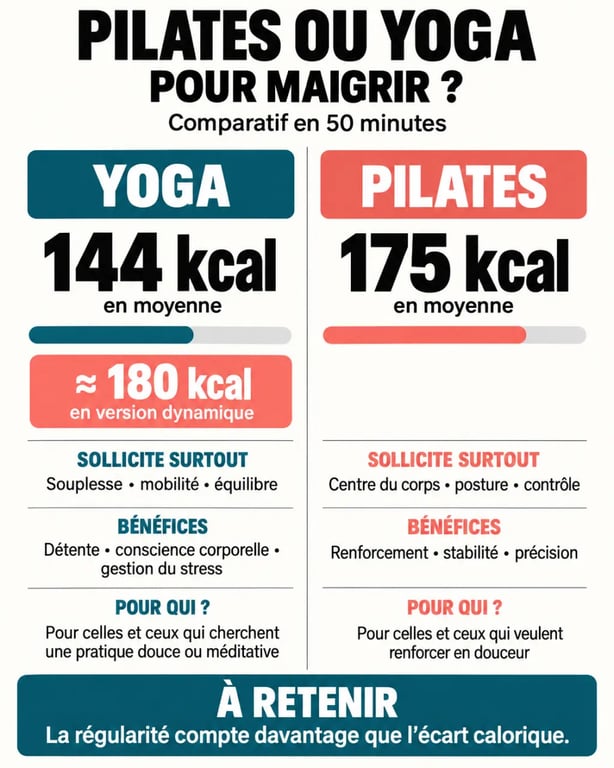 Infographie Pilates ou yoga pour maigrir : calories brûlées, muscles sollicités et bénéfices comparés