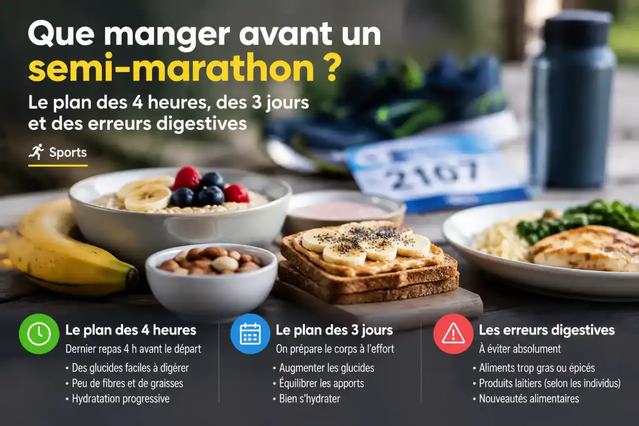 Que manger avant un semi-marathon : le plan des 4 heures, des 3 jours et des erreurs digestives