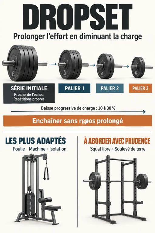 Infographie dropset musculation avec baisse progressive de la charge et exercices adaptés