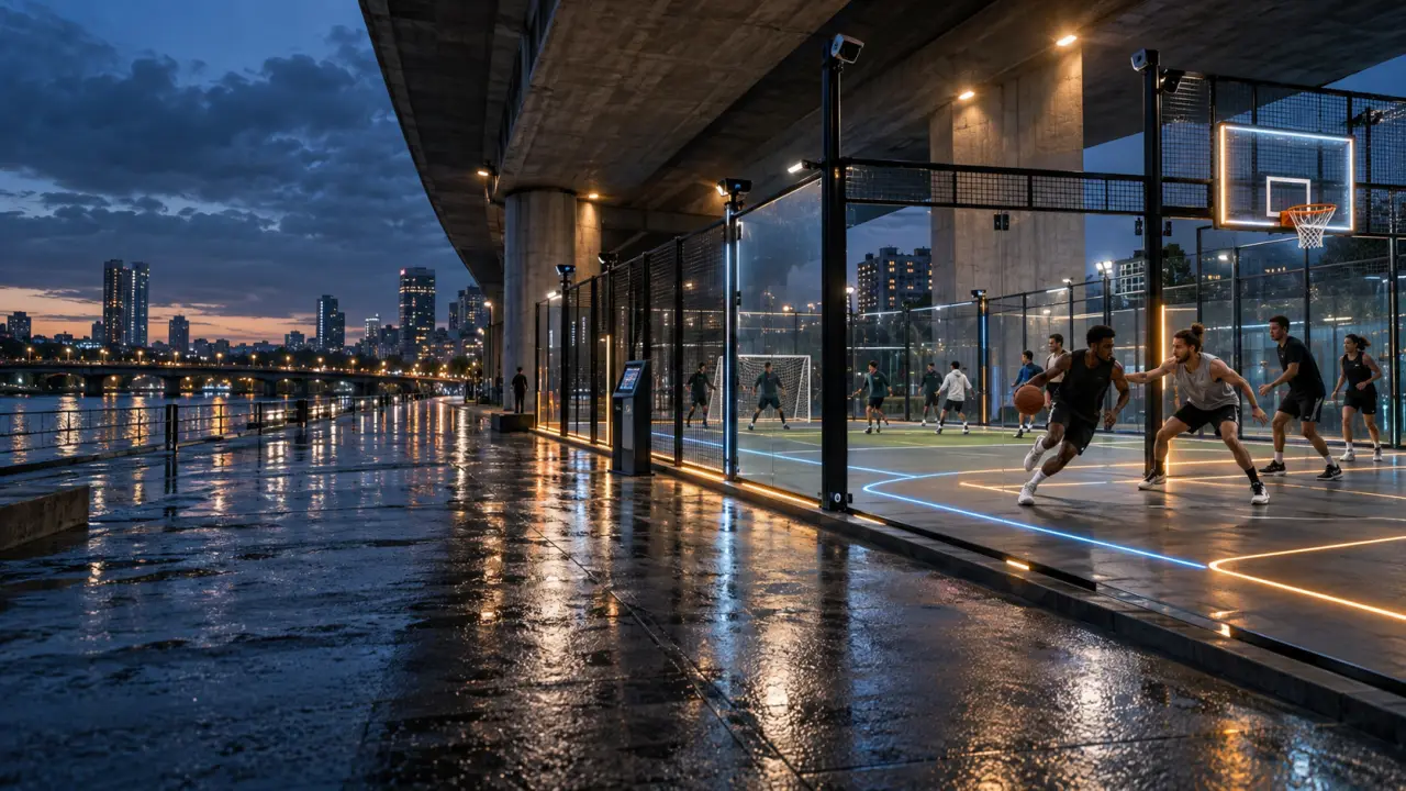 Arène multisport connectée éclairée par des lignes LED dans un espace urbain nocturne