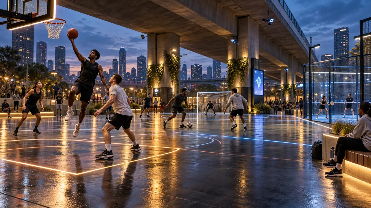 Arène multisport urbaine PlayMod éclairée par des lignes LED la nuit
