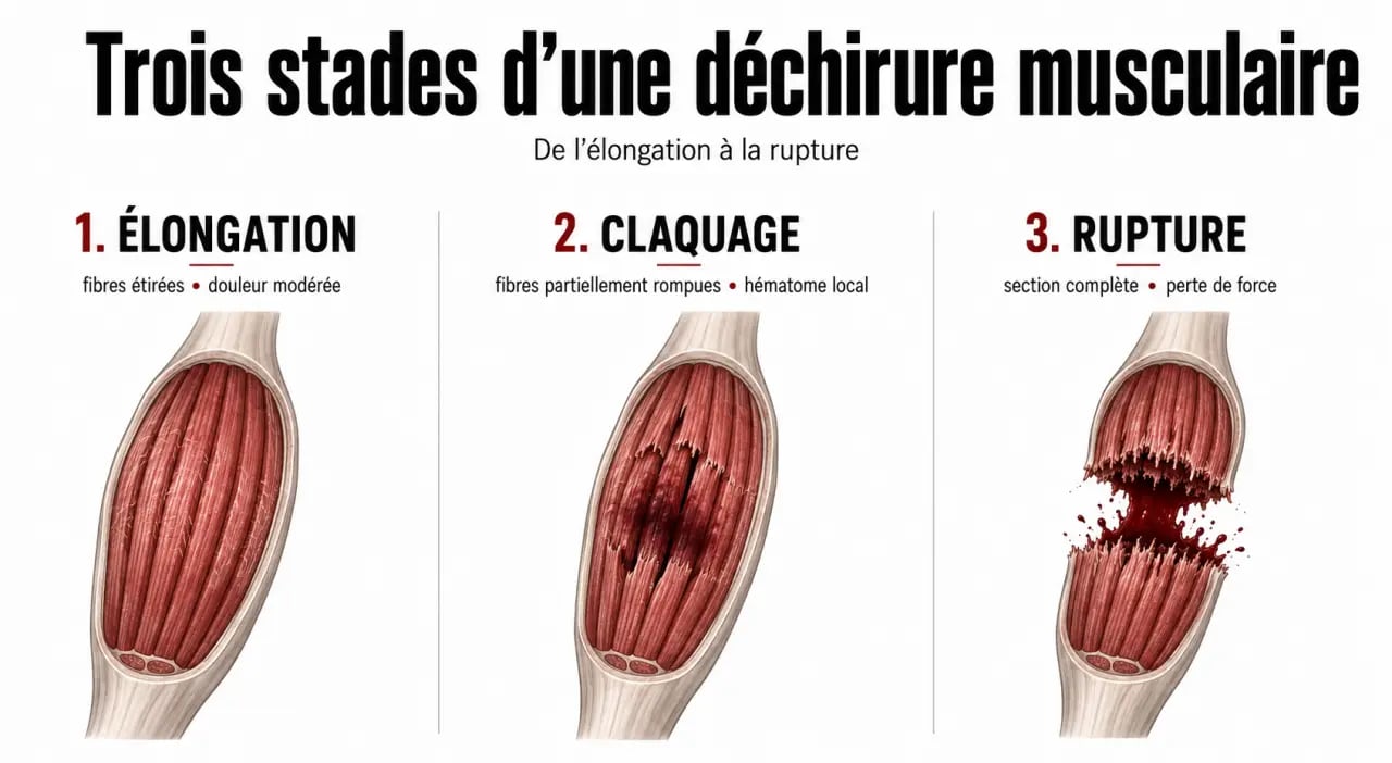 Comment soigner une déchirure musculaire : comparaison des stades élongation, claquage et rupture
