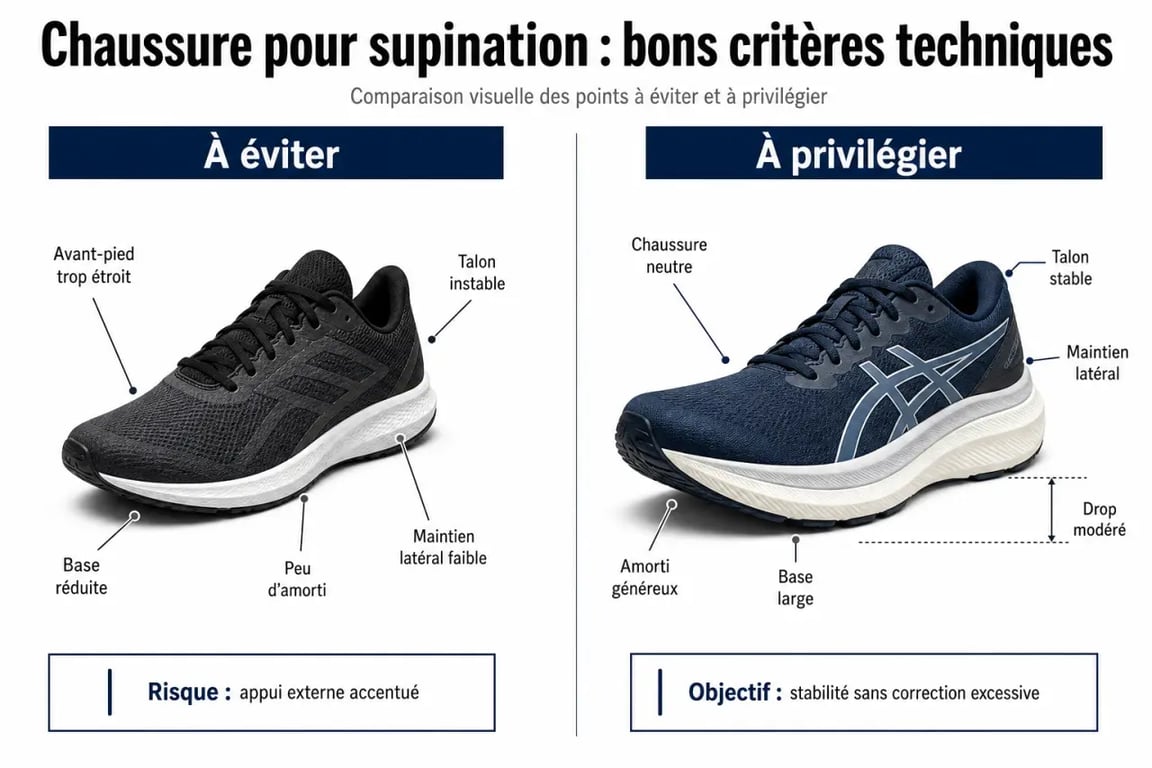 Chaussures supination : critères d’une chaussure neutre, stable et amortie