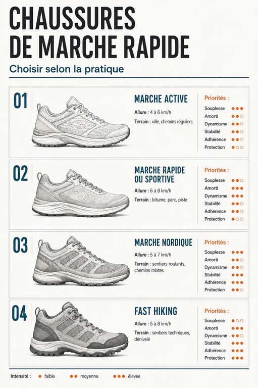 Infographie des critères pour choisir des chaussures de marche rapide selon le terrain et la pratique