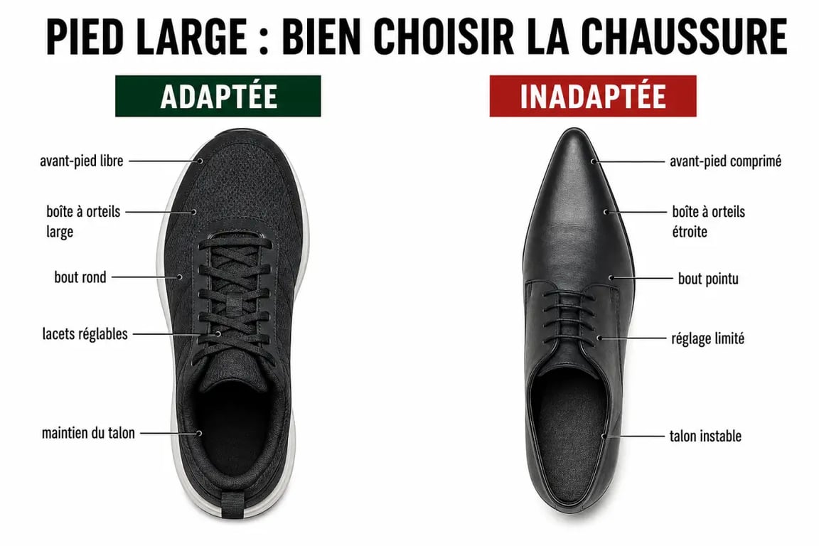 Pied large quelle chaussure : comparaison visuelle entre une chaussure adaptée et une chaussure trop étroite