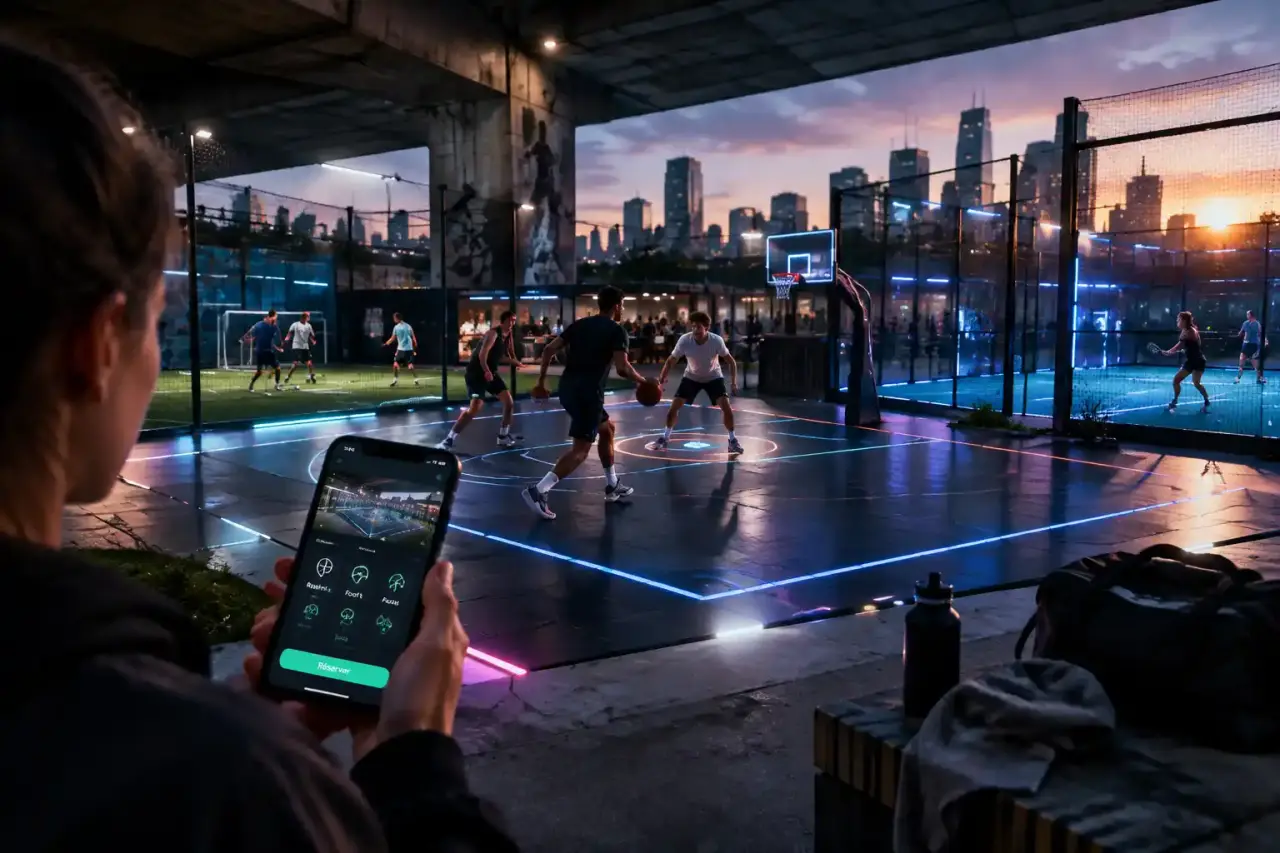 Arène PlayMod connectée éclairée par des lignes LED dans un espace urbain