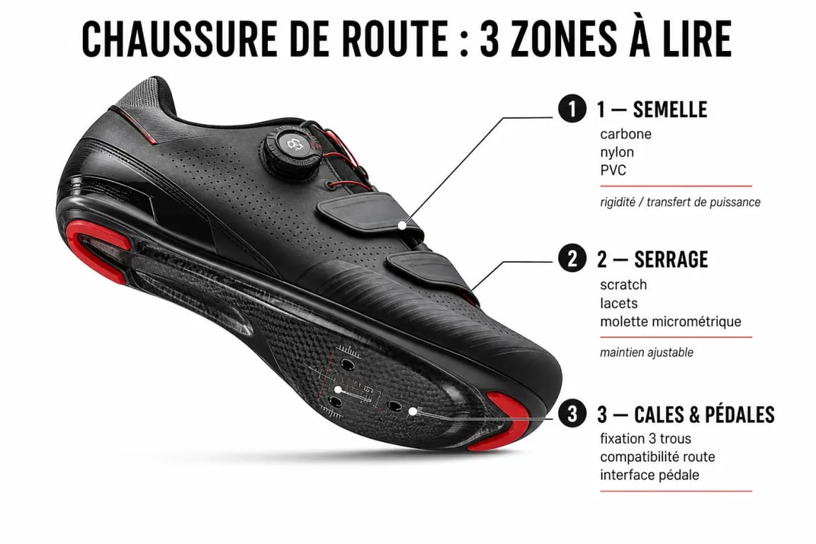 Chaussures de velo de route : schéma des critères de choix avec semelle, serrage et compatibilité des cales