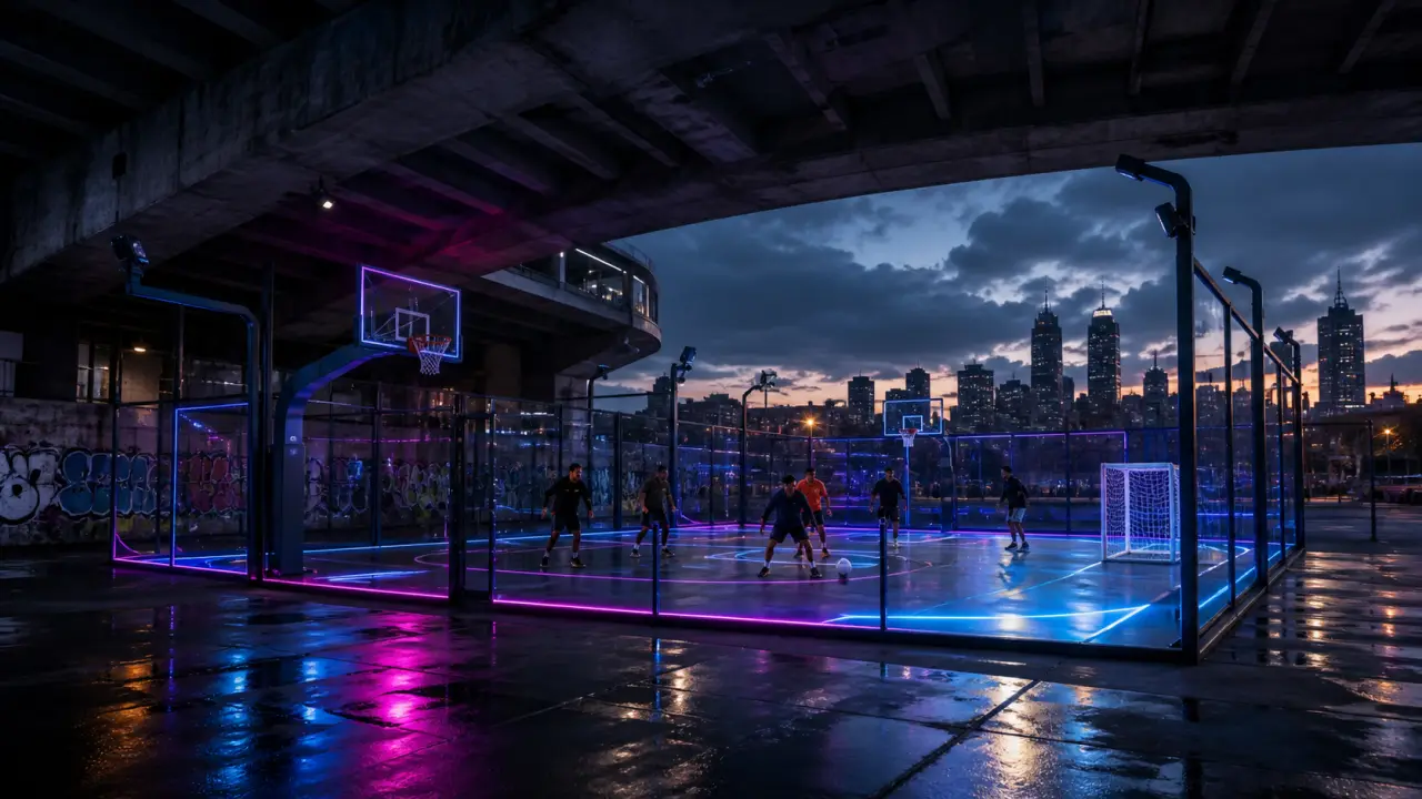 Terrain de sport urbain futuriste éclairé par des lignes LED néon vert, avec athlètes en action la nuit